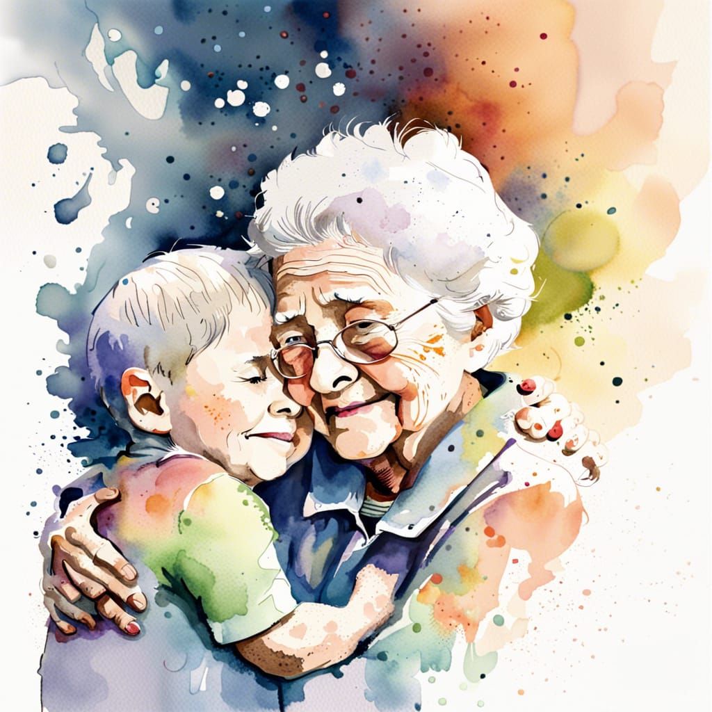 a little- boy hugging his grandma, watercolour splash style, detailed ...