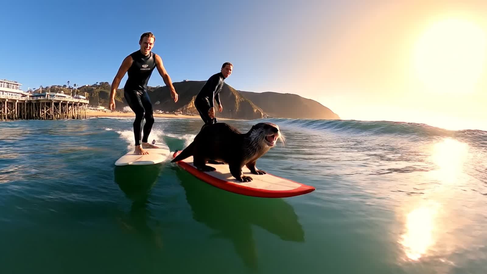 An otter happily surfing on a surfboard on the perfect wave in 
Santa Cruz with a fellow surfer next to him on another b...