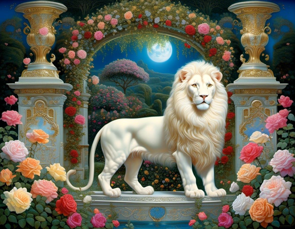Absolutely stunning, elegant white lion together amid the multi-hued blooms of a rose garden, digitally enhanced, dazzling flower garden, hy...