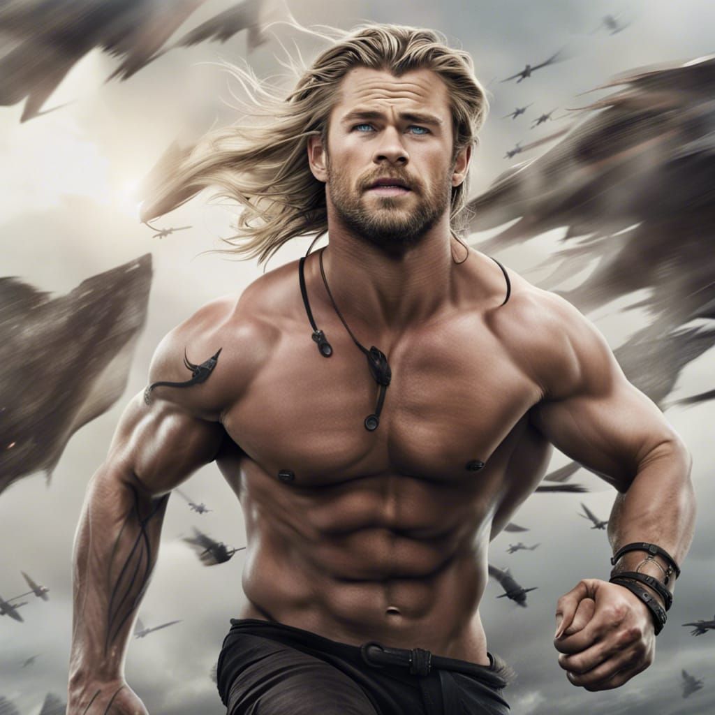 Chris Hemsworth flying in the sky whit big winds, muscular pec