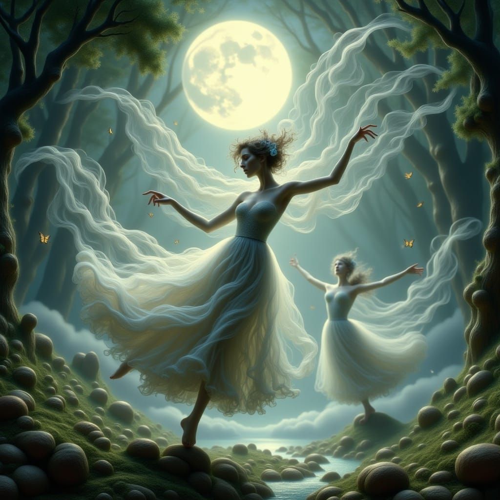 the (outlines of insubstantial dancers made of smoke and mist dancing on a moonbeam, transparent: 2.3) ghostly. illusion. ethereal. fantasy-...