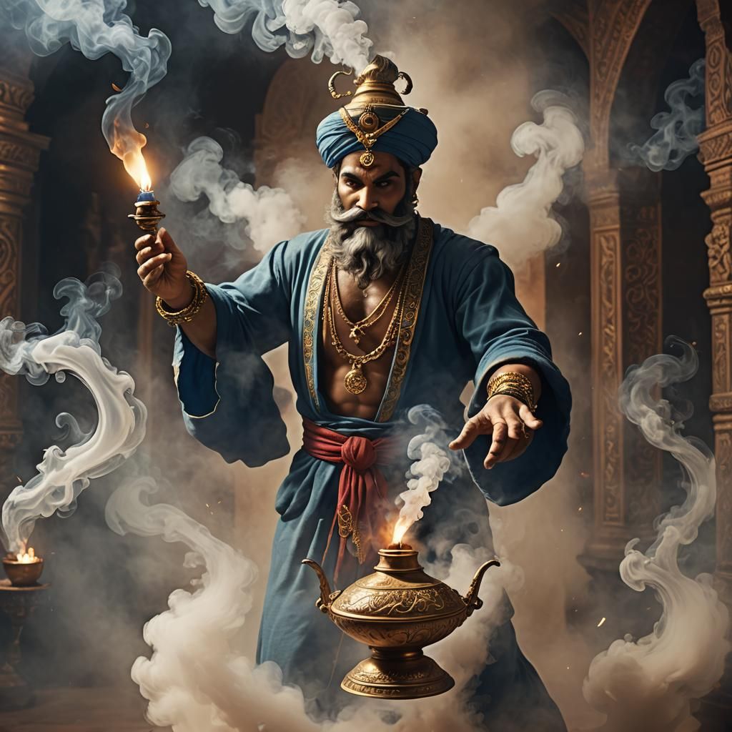 A genie coming out as smoke of an oil lamp.  by @axelb