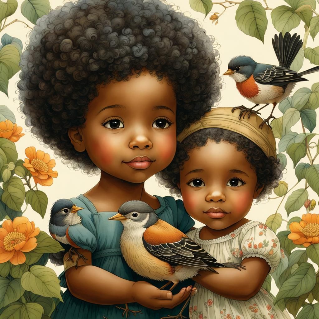 cute black toddler girl holds a robin in her hand, with her ...