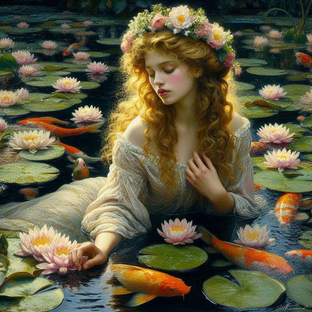 Beautiful woman, golden curls, in a pond of blooming water l...