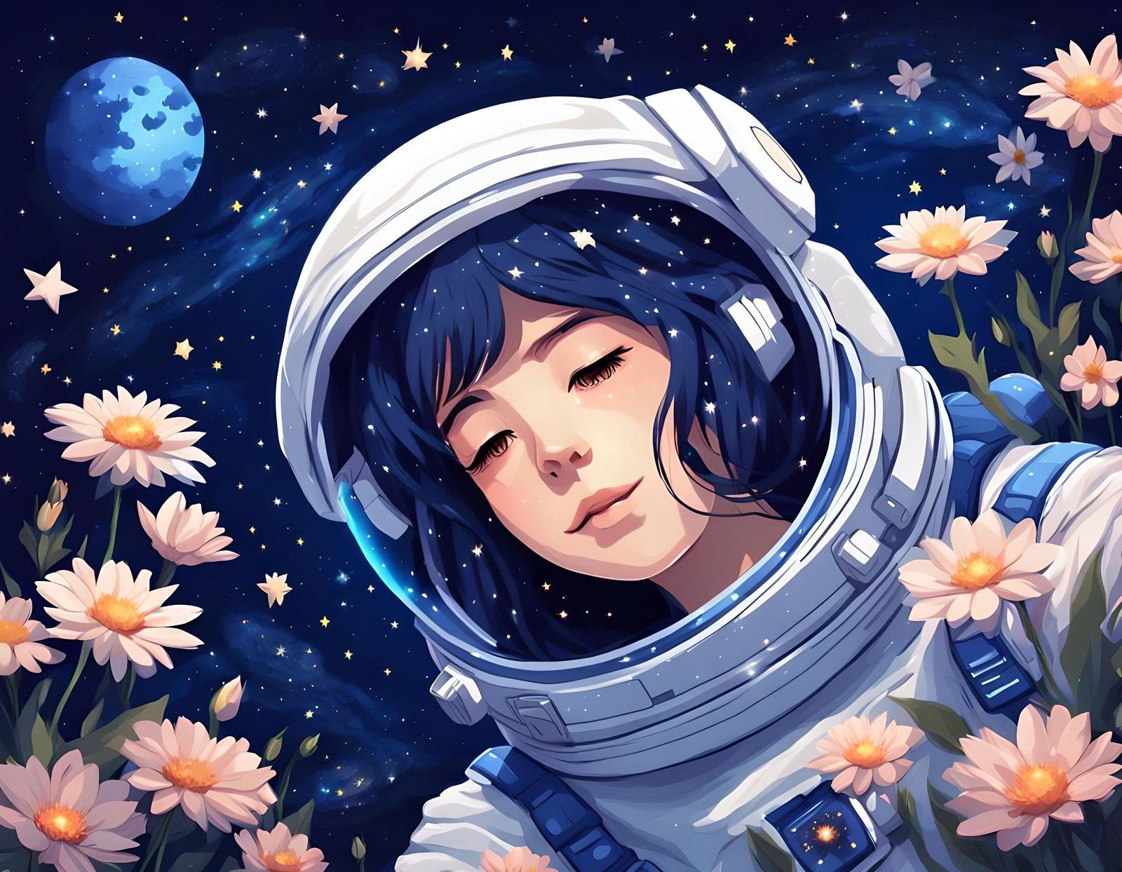 An anime girl in an astronaut suit lies on her back, surrounded by ...