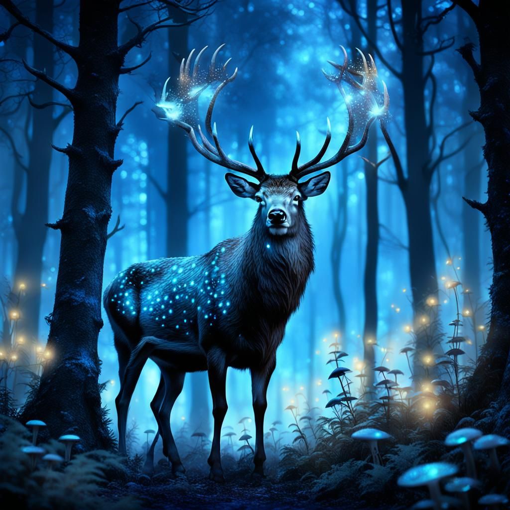 Moonlit Stag in Mystical Forest: Digital Art