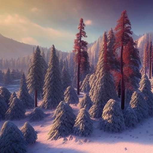 tall oak trees, high mountains covered with snow