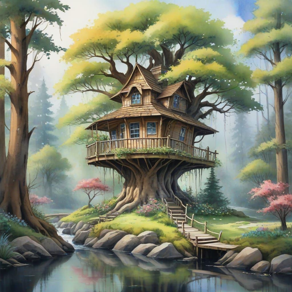 Enchanted Woodland Treehouse in Watercolor Style