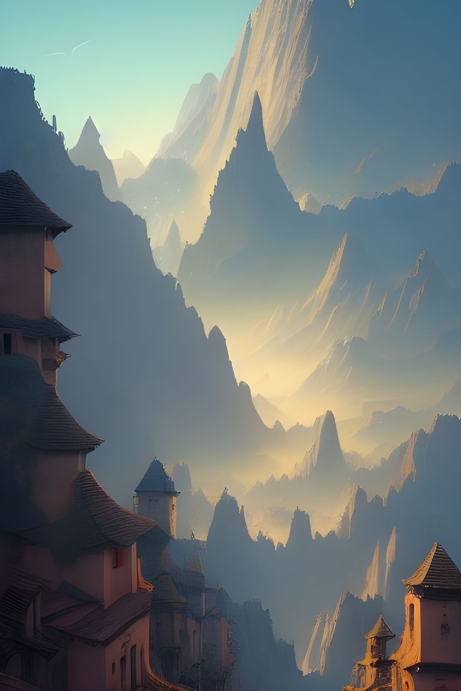 Surreal Mountain Town in Art Nouveau Style
