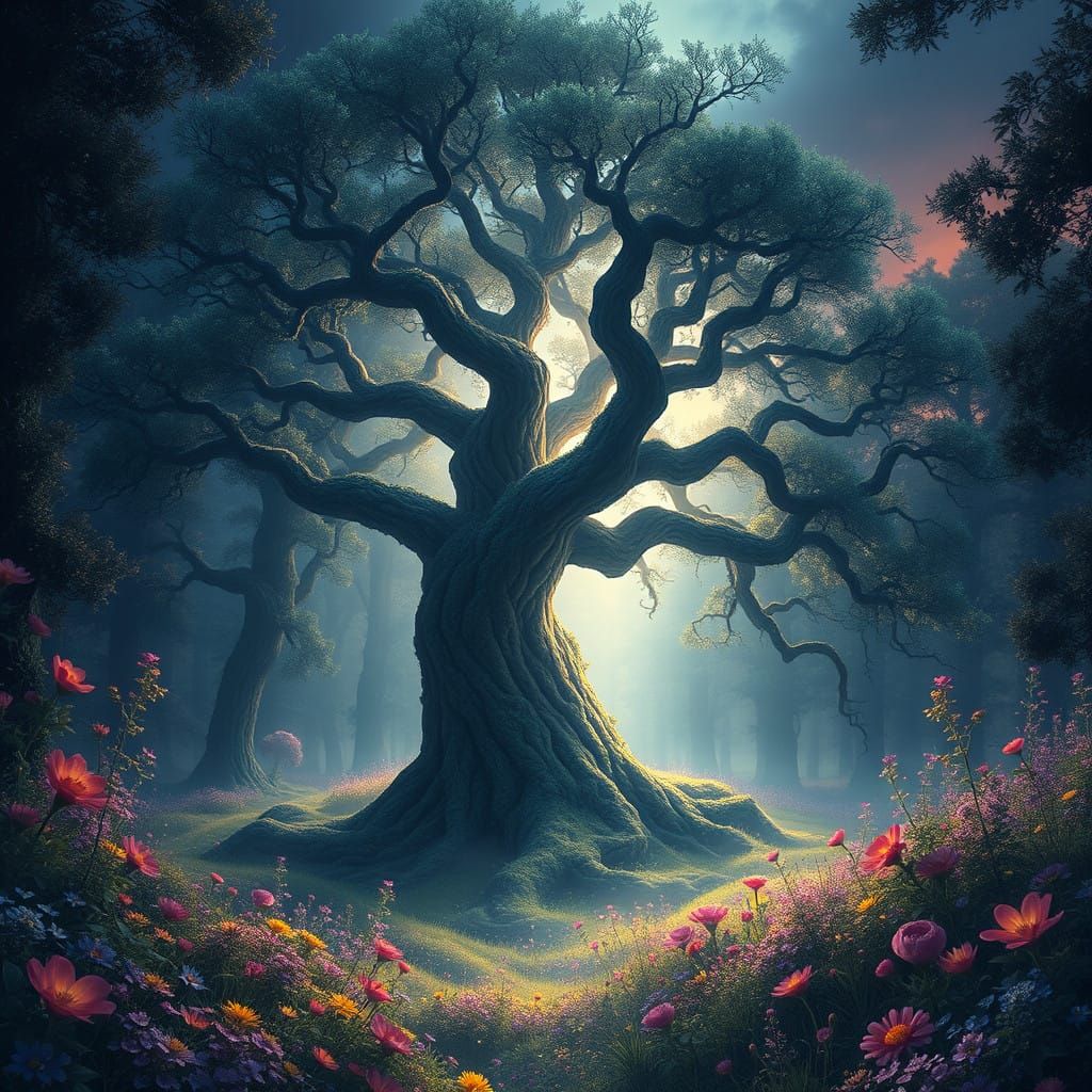 Ancient Tree in Vibrant, Ethereal Forest Glade