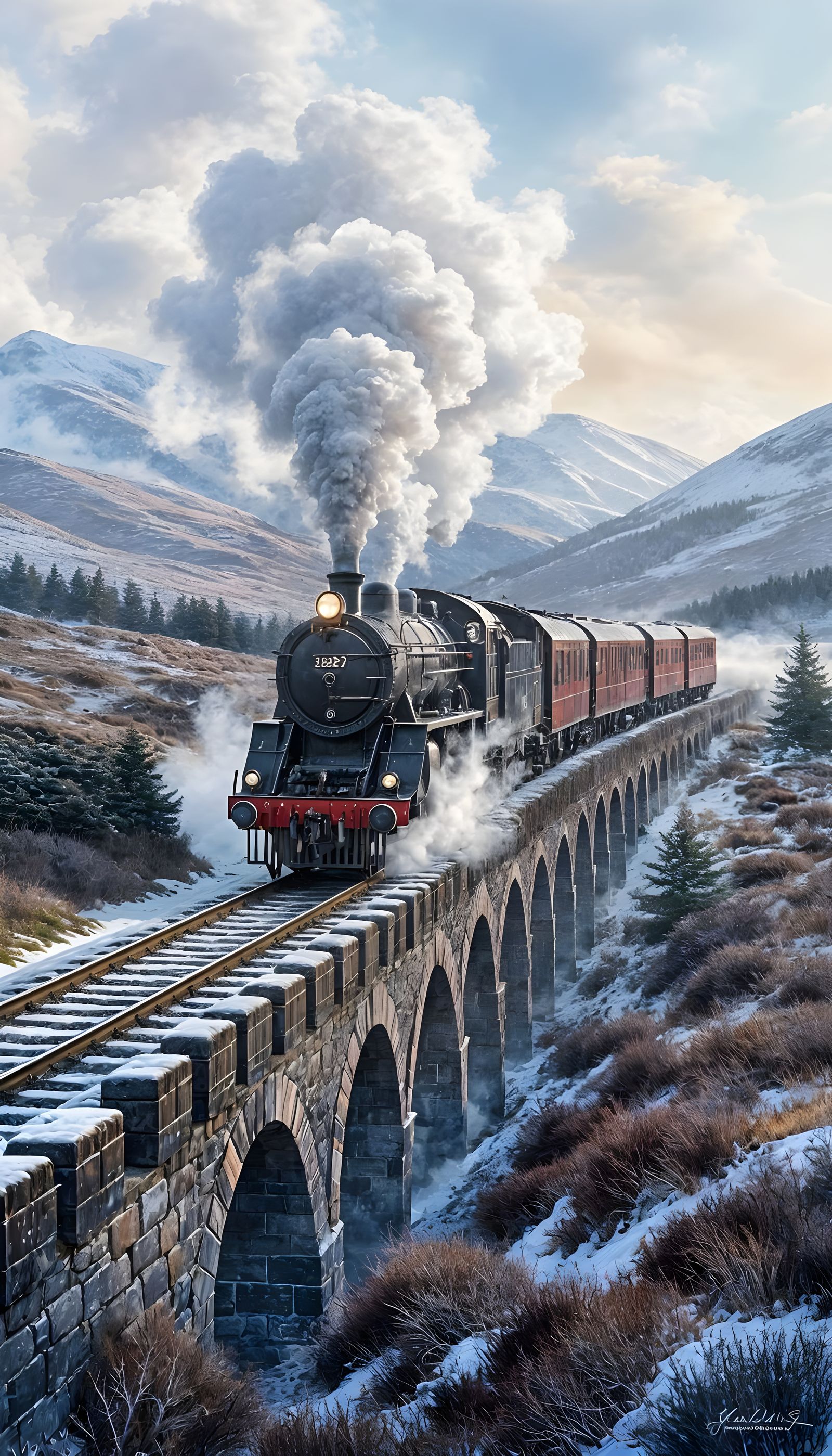 Steam Train in Scottish Highlands Winter