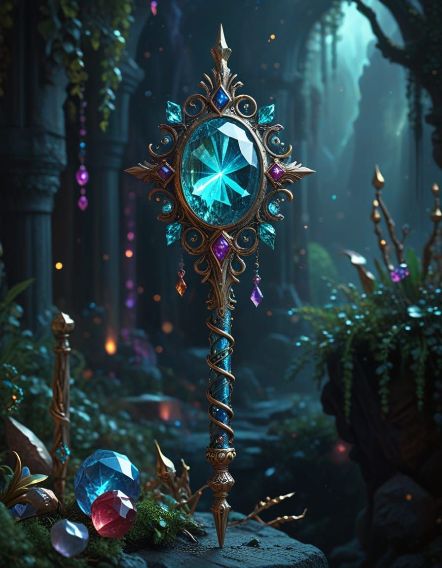 Epic Dark Fairytale Magical Staff in Jewel-Toned Luxurious H...