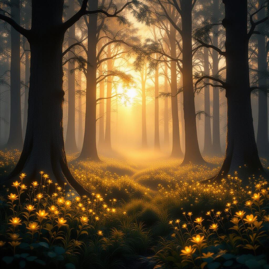 Magical Forest Dawn With Golden Light and Mist