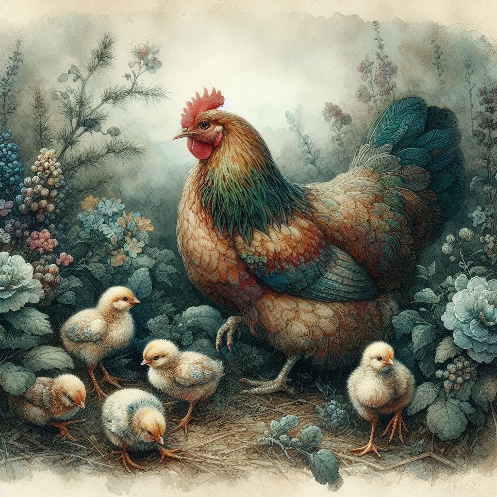 A hen and her chicks foraging in a garden