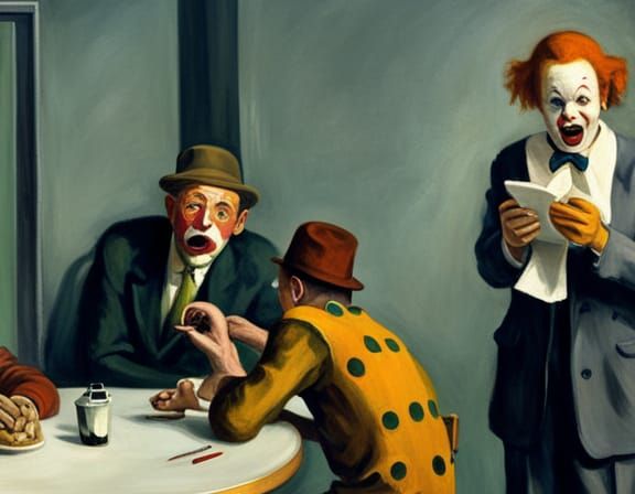 clowns making fun of clowns, detailed oil painting, edward hopper