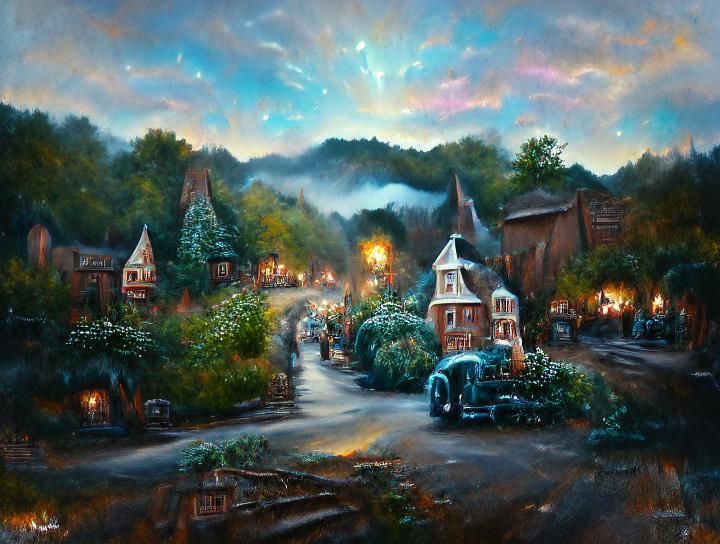 Old vintage village in the woods beautifully lit by Thomas Kinkade ...