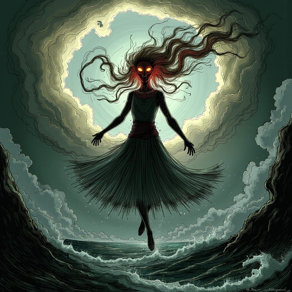 <lora:FolkDrawFlux:1.0> Maelstrom, the Chaos Dancer: A whirlwind of energy and chaos, forever dancing on the edge of destruction and creatio...