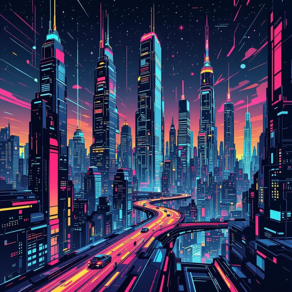 A futuristic cityscape rendered in a dynamic pop art style,