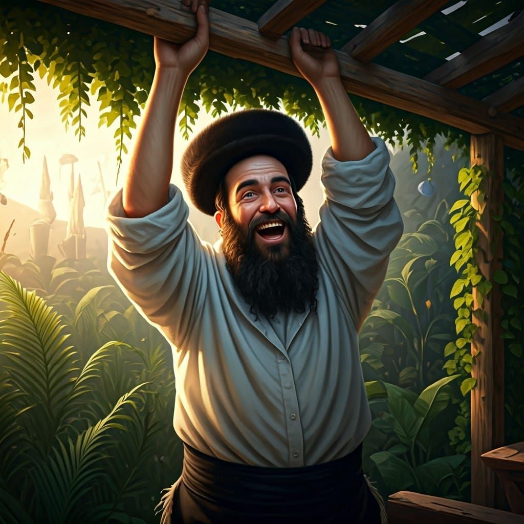 Joyful Hasidic Man Building a Sukkah