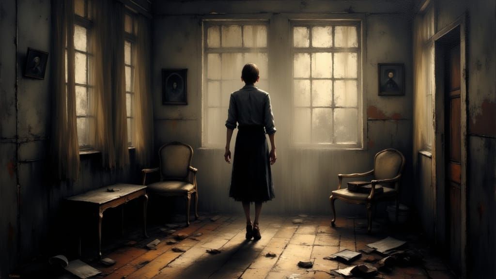 Psychological Turmoil In Dimly Lit Room, Impressionistic Oil...