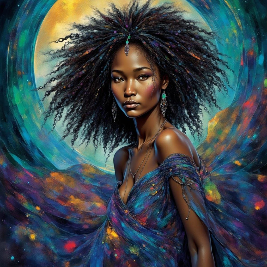 <lora:Archetypal Images:1.0> <lora:Black Opal:1.0> A woman wearing a dress that looks like black opal