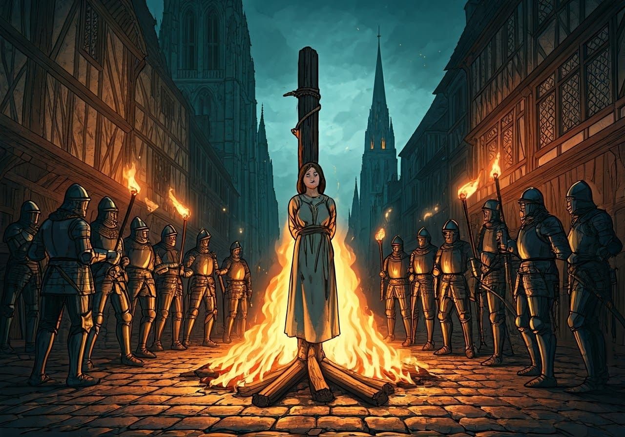 Joan of Arc tied to a post on a pyre  by @Nawak
