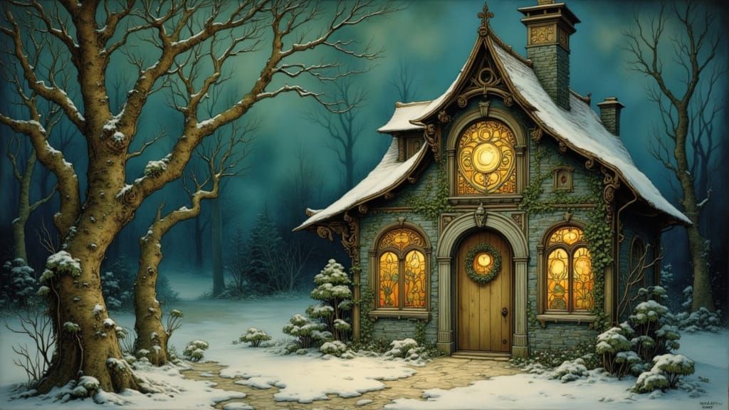 Whimsical Storybook Cottage in Art Nouveau Style