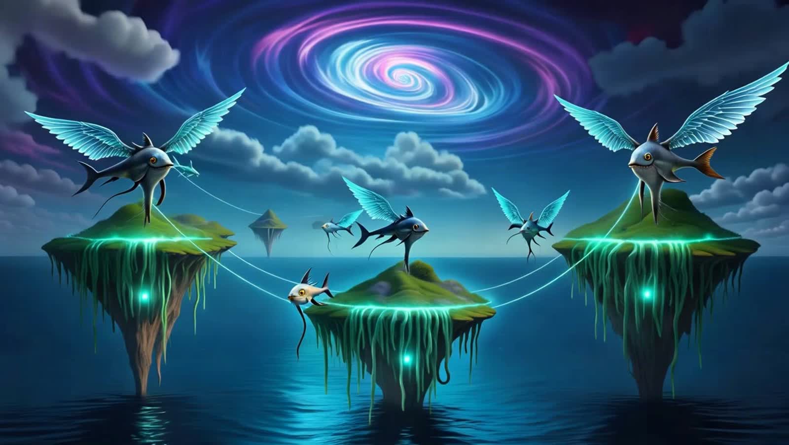 A surreal landscape where islands float in a deep, inky ocean, tethered by glowing, kelp-like ropes. Strange, winged ang...