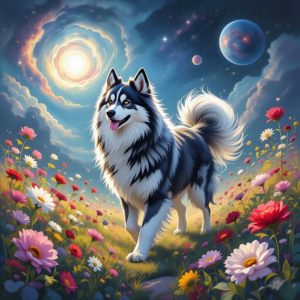 A majestic, ethereal dog with fur like spun moonlight walks through a cosmic garden where stars bloom like flowers. Nebulae swirl in the bac...