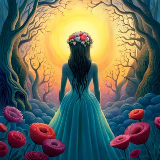 girl with birds, flowers, fairytale, magic realism, mysterio...