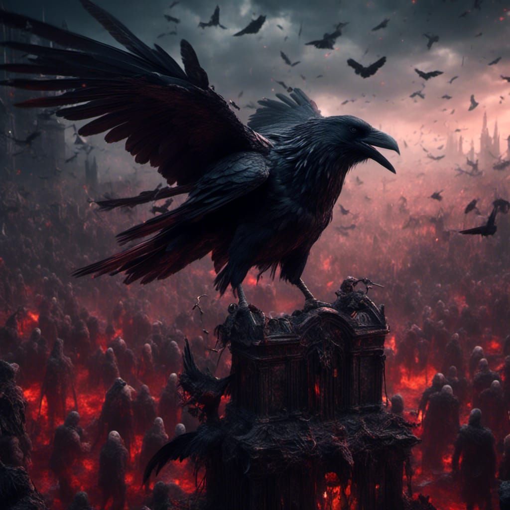 <lora:Macabre:1.0> <lora:Kyoot:1.0> A glowing eyed raven perched upon the shoulder of a death knight riding upon an unde...