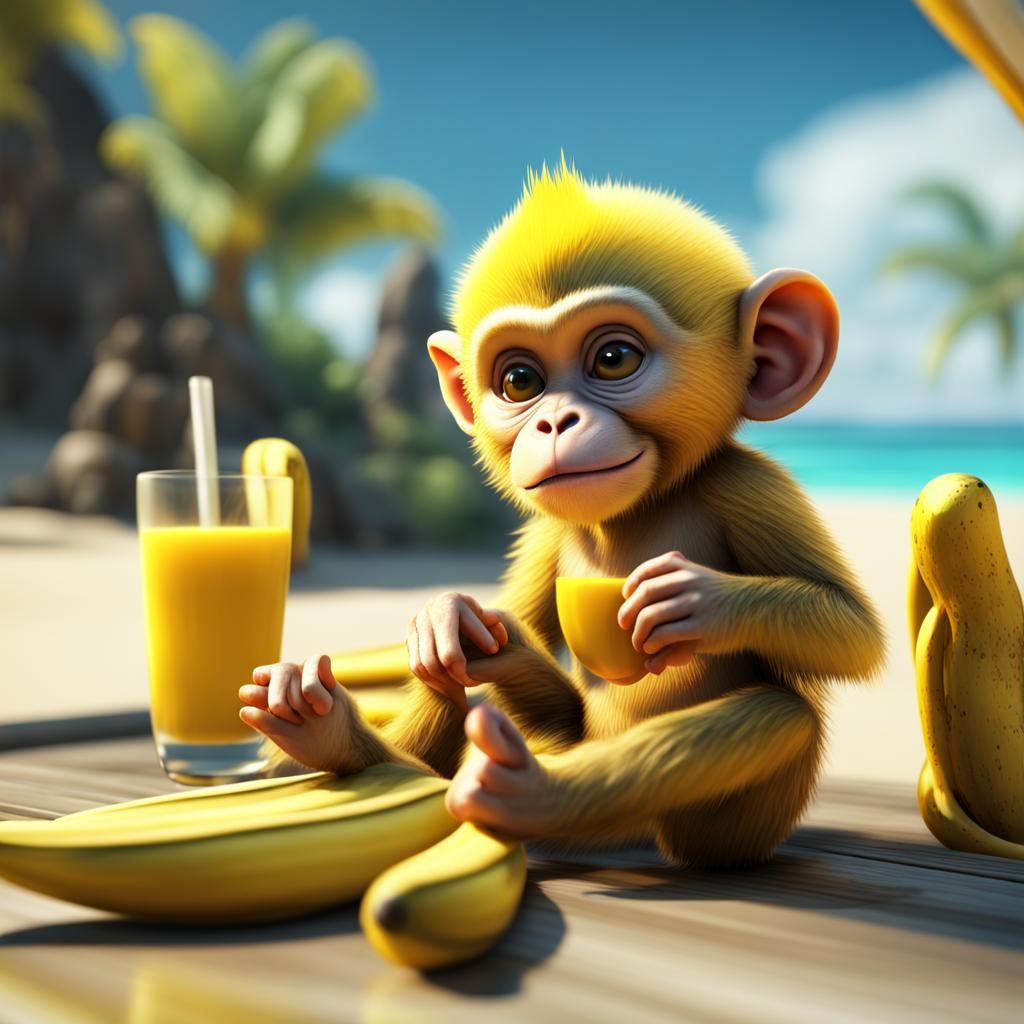 a yellow baby monkey eating a fresh bannana on a sun bed on a beach ...