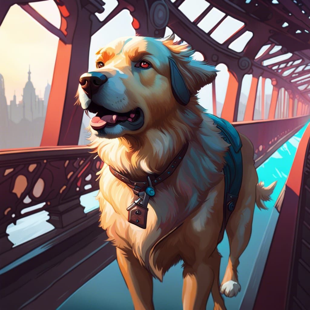 a dog was walking across the bridge