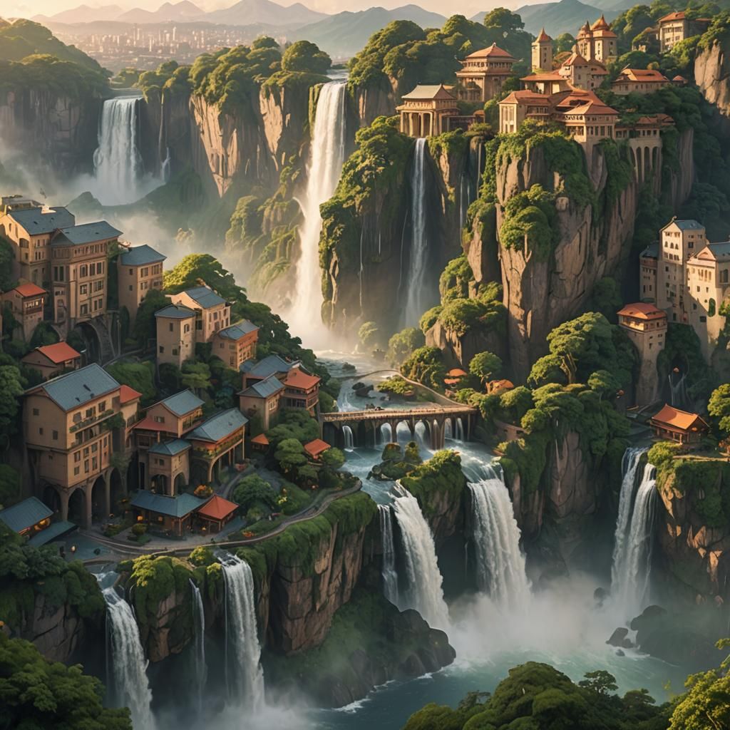 Majestic Waterfall Cityscape in Fantasy Style