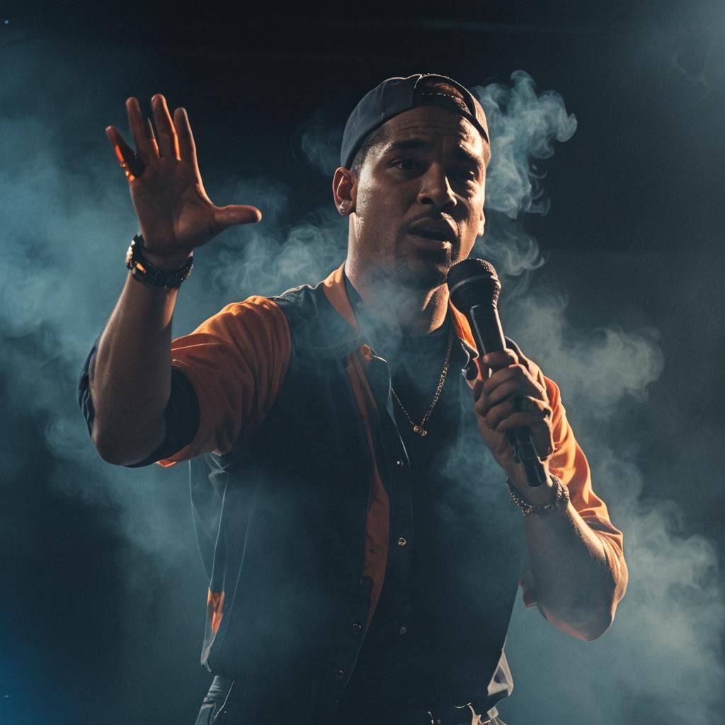 Rapper Ron Neshar on Stage in Film Noir Style