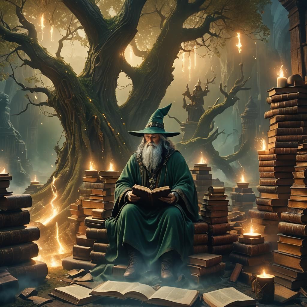 Mystical Wizard Surrounded by Ancient Books