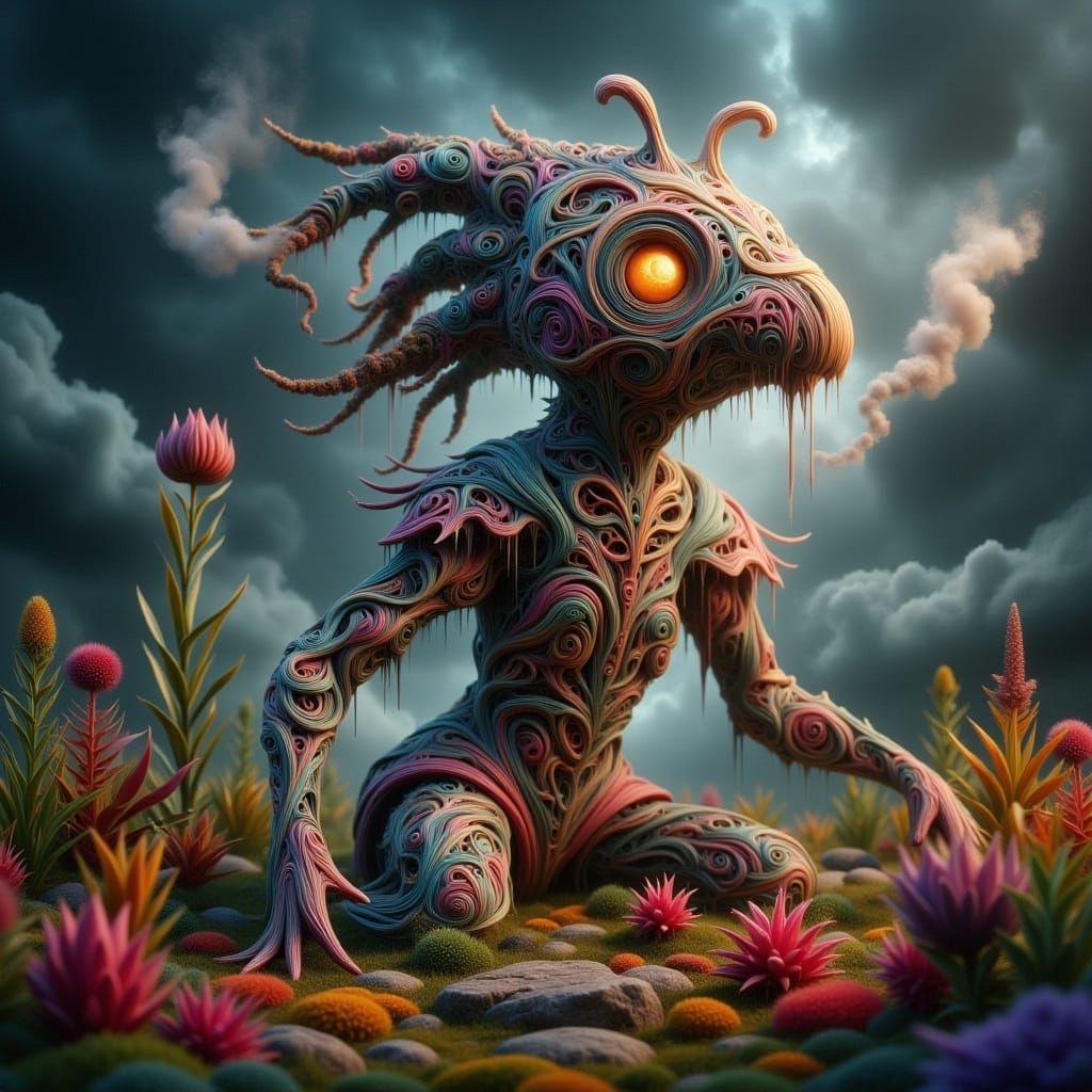 <lora:-Wonky Houses ALIVE-:1.0>  Whimsical atmosphere ▪ Enchanted forest setting ▪ Scarecrow figure with glowing eyes and a fabric head ▪ Pl...