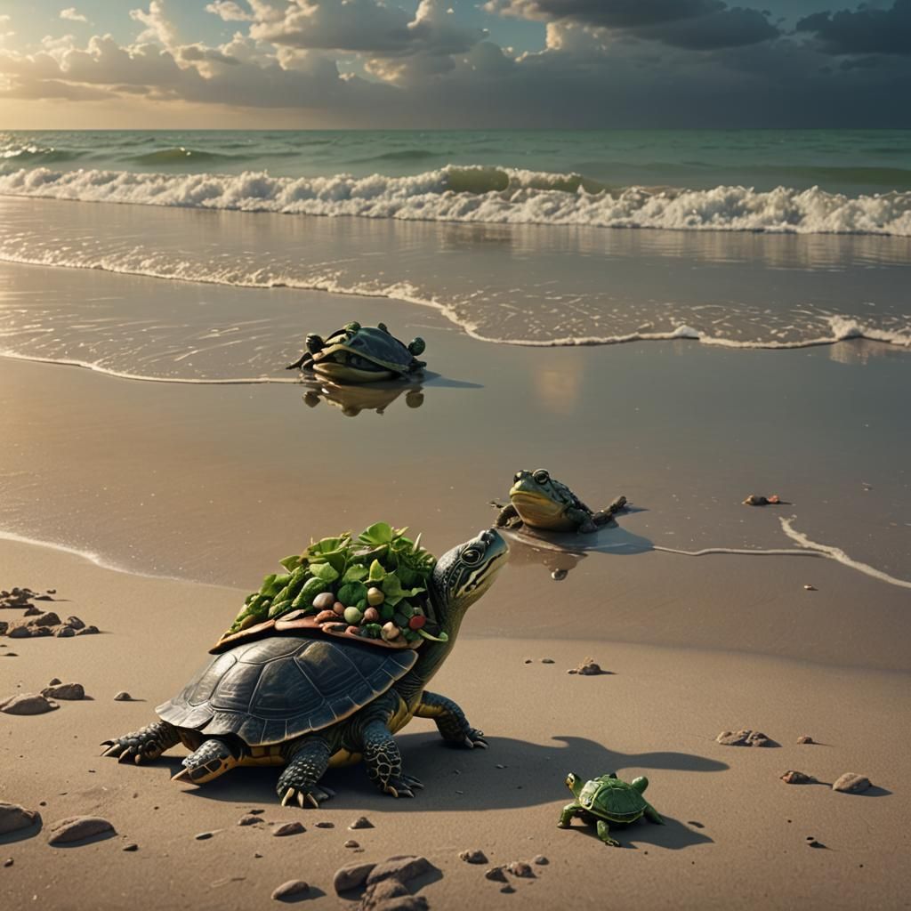 Turtle staring a frog at the beach during summer