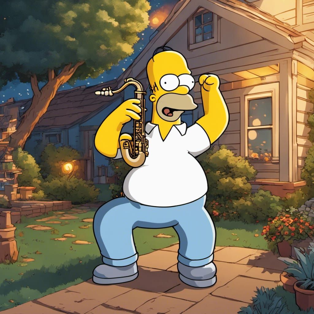 Energetic and cute Homer Simpson playing a best quality saxophone in his backyard AI Generated
