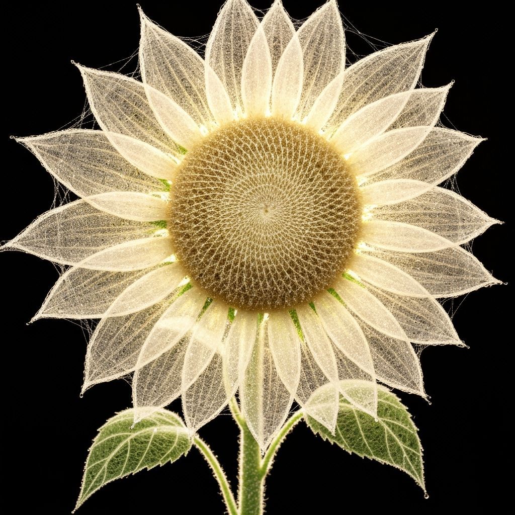 A sunflower entirely crafted from delicate spider silk, its petals formed from translucent web strands ...  by @Mamay