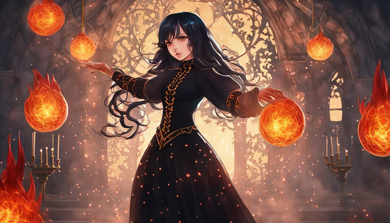 Anime Girl with Fire in Dark Gothic Style