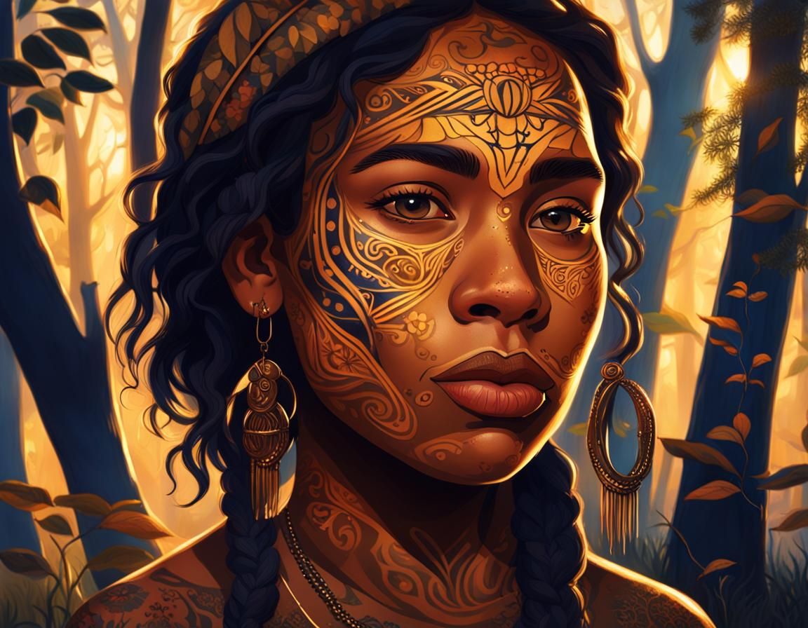 In a forest, an Aboriginal girl with traditional facial tatt...