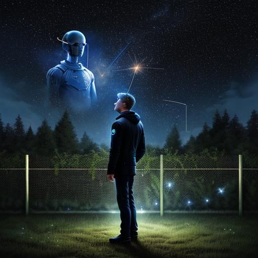 Man standing in his fenced in back yard looking up at the st...