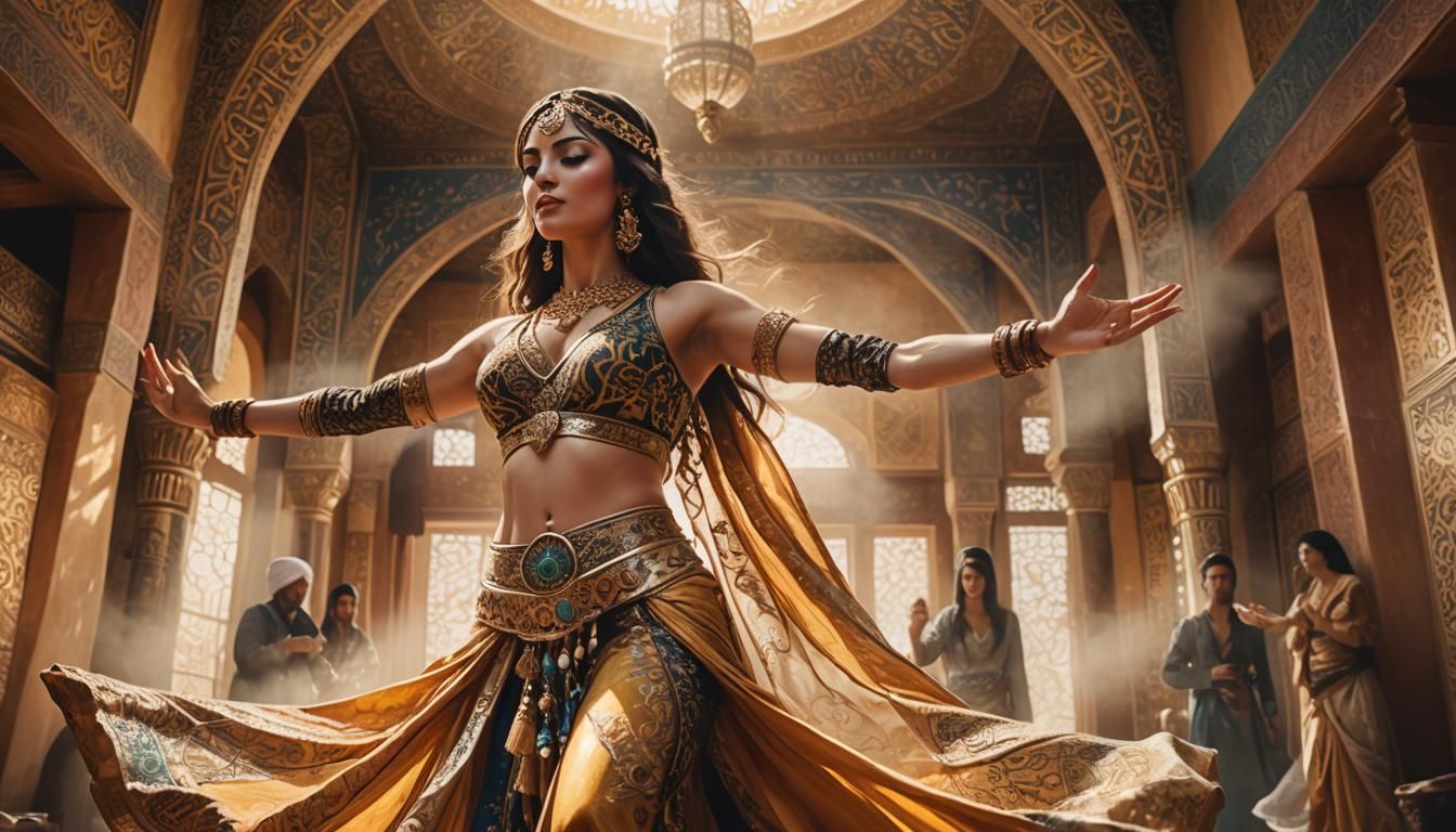 A Beautiful female belly dancer in a Middle East harem setti...