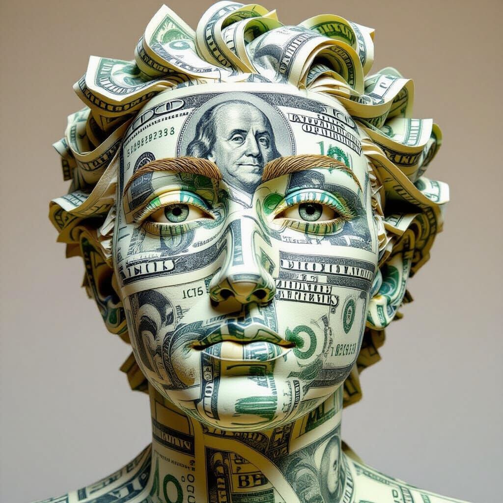 Surreal bust sculpted entirely from dollar bills.
Face morphs into spiraling abstract currency symbols.
Eyeless gaze questions value and fin...