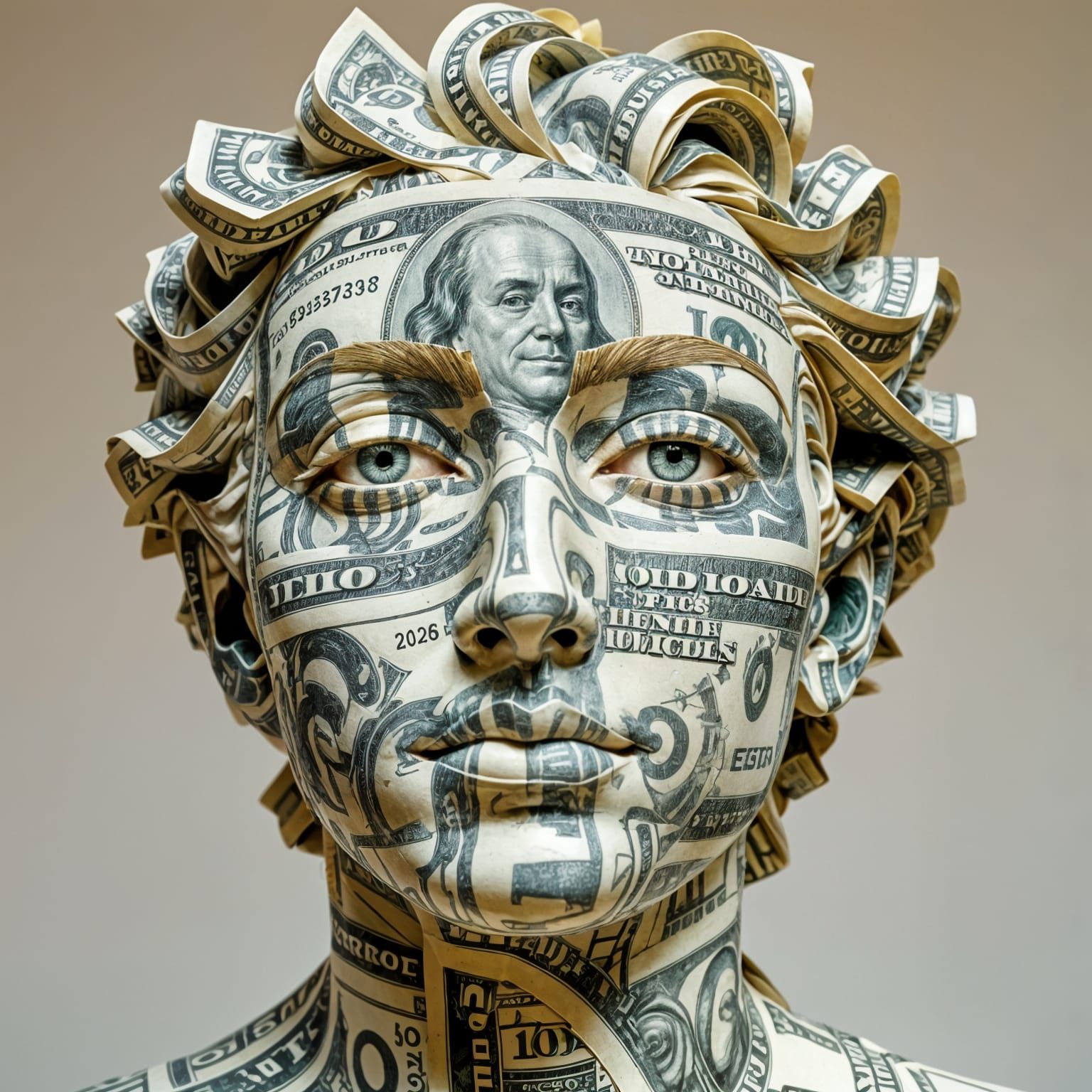 Surreal bust sculpted entirely from dollar bills.
Face morphs into spiraling abstract currency symbols.
Eyeless ...  by @KomBib