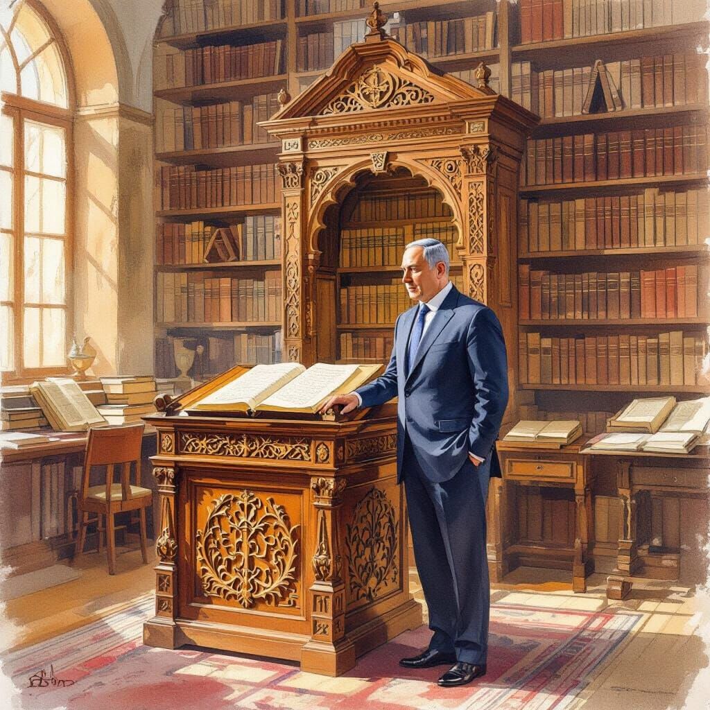 Netanyahu in Yeshiva: Watercolor Realism Art