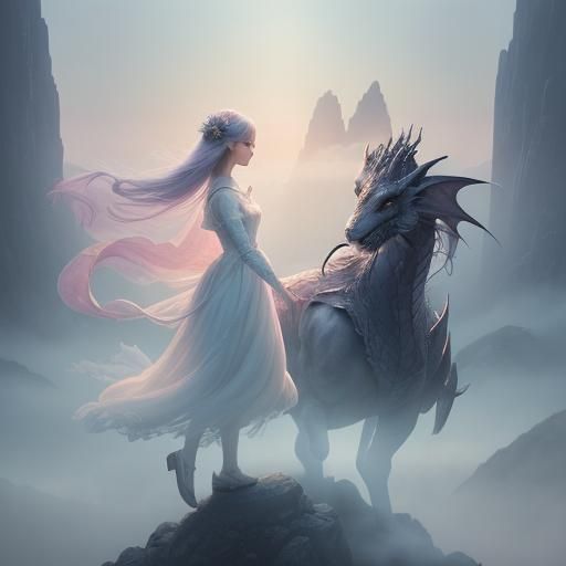 Dragon and Princess in Dreamy Watercolor Landscape
