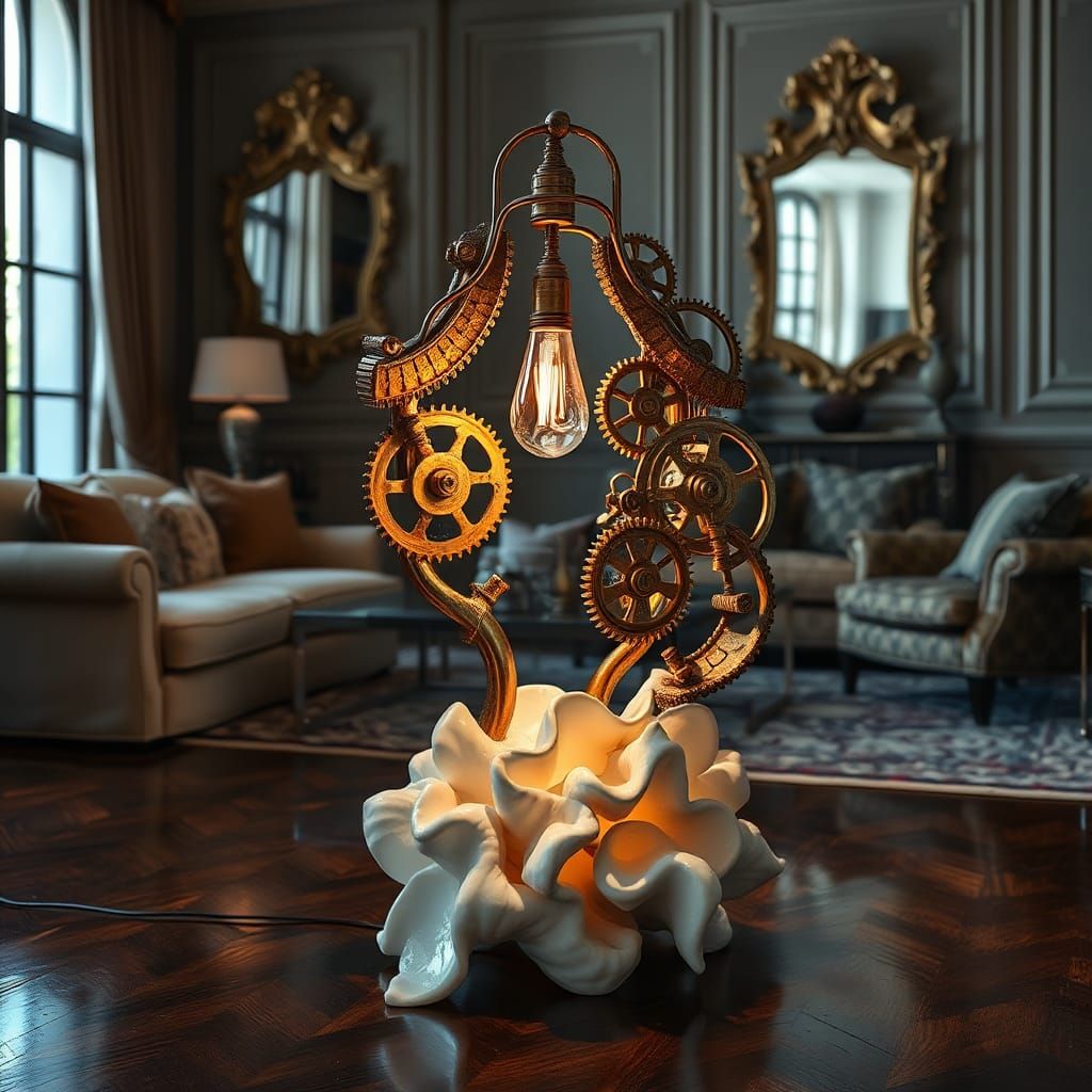 A sculptural, avant-garde lamp, its base crafted from a medl...