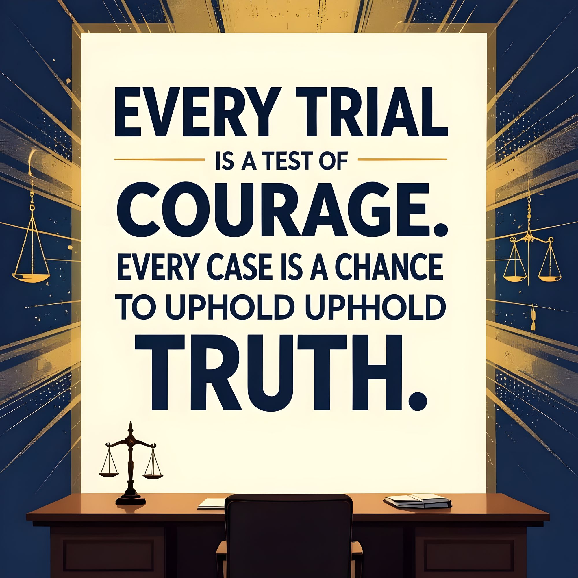 A bold, motivational wall poster for a lawyer’s office. The background should be a powerful gradient of deep royal blue and gold, symbolizin...